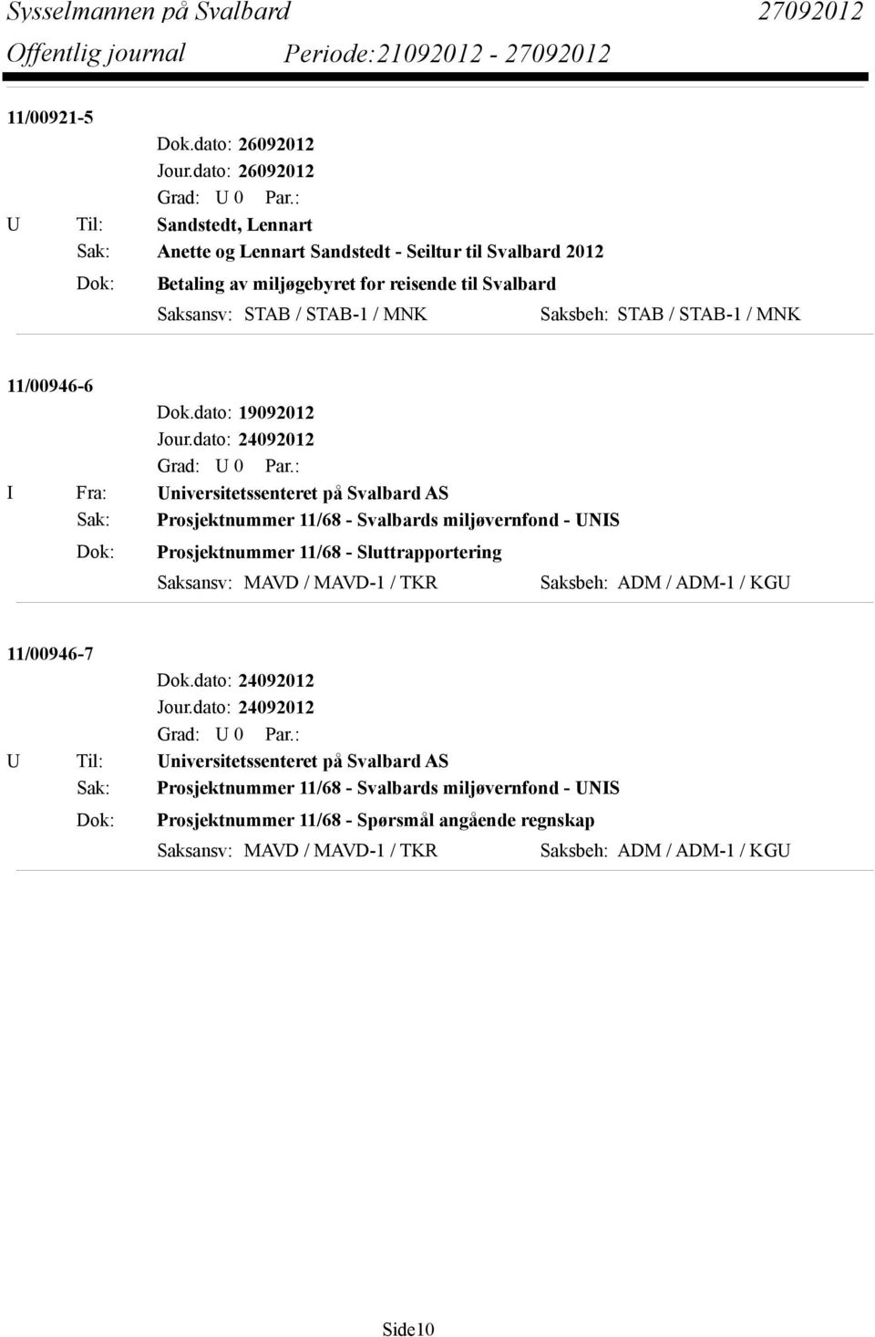 dato: 19092012 I Fra: Universitetssenteret på Svalbard AS Sak: Prosjektnummer 11/68 - Svalbards miljøvernfond - UNIS Dok: Prosjektnummer 11/68 -