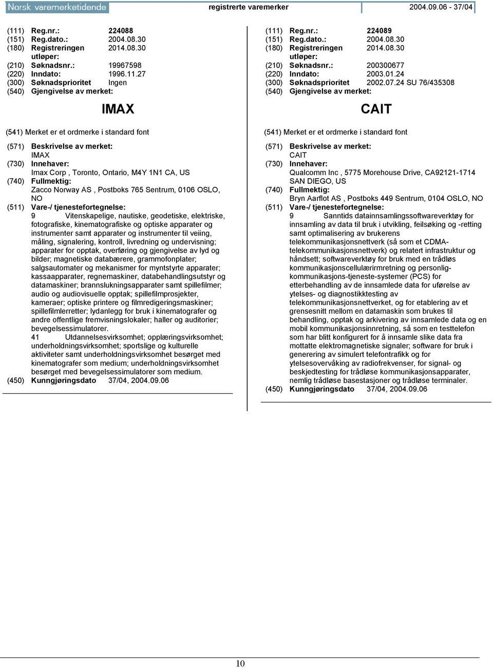 27 (300) Søknadsprioritet Ingen IMAX IMAX Imax Corp, Toronto, Ontario, M4Y 1N1 CA, US Zacco Norway AS, Postboks 765 Sentrum, 0106 OSLO, 9 Vitenskapelige, nautiske, geodetiske, elektriske,