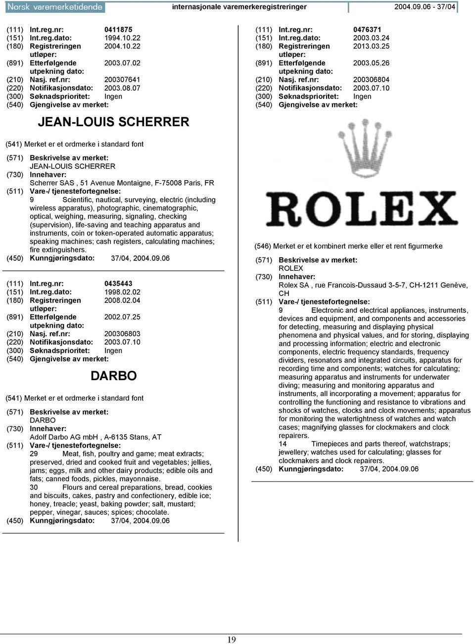 nr: 200306804 JEAN-LOUIS SCHERRER Scherrer SAS, 51 Avenue Montaigne, F-75008 Paris, FR 9 Scientific, nautical, surveying, electric (including wireless apparatus), photographic, cinematographic,