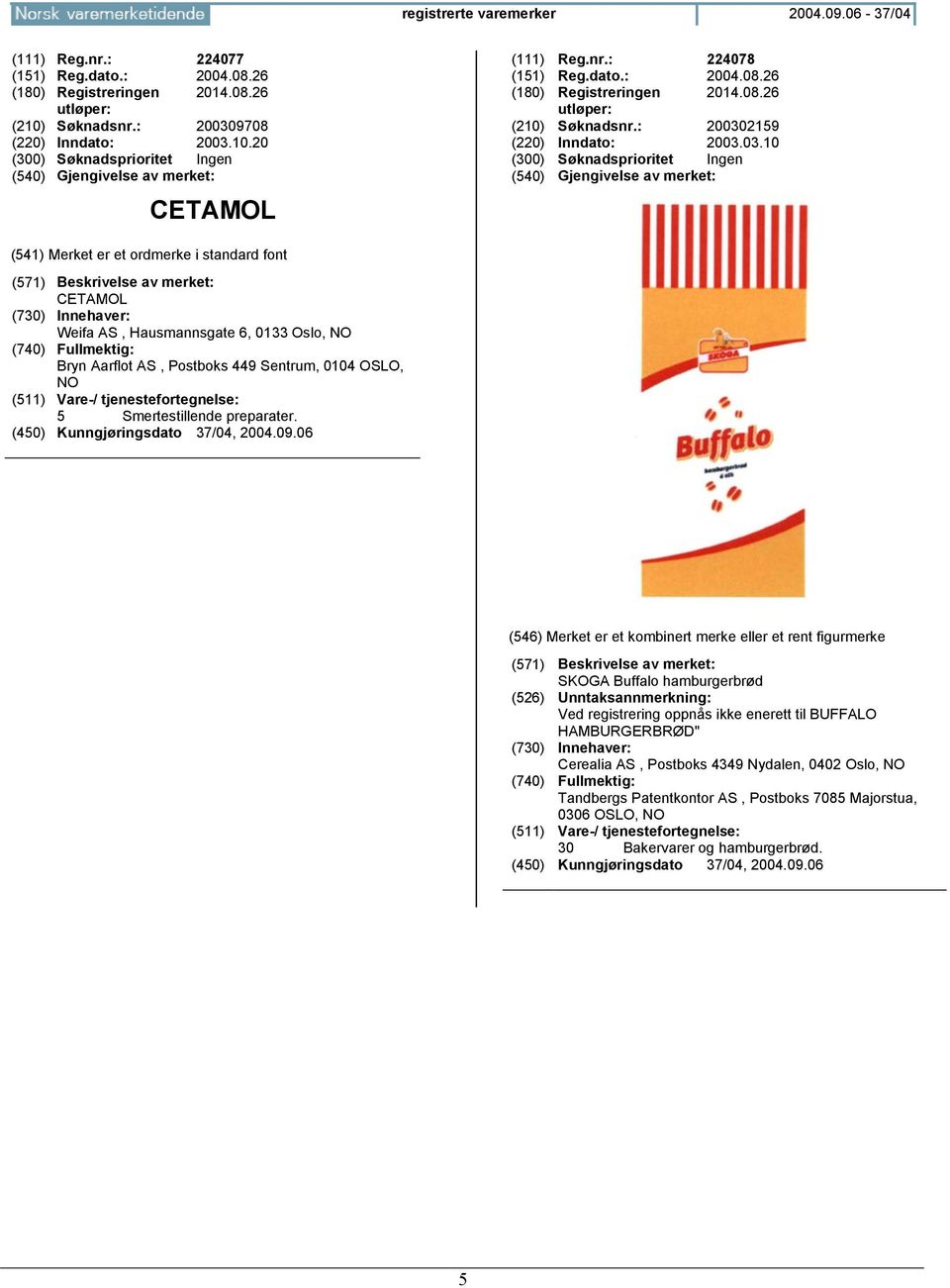 2159 (220) Inndato: 2003.03.10 (300) Søknadsprioritet Ingen CETAMOL Weifa AS, Hausmannsgate 6, 0133 Oslo, Bryn Aarflot AS, Postboks 449 Sentrum, 0104 OSLO, 5 Smertestillende preparater.