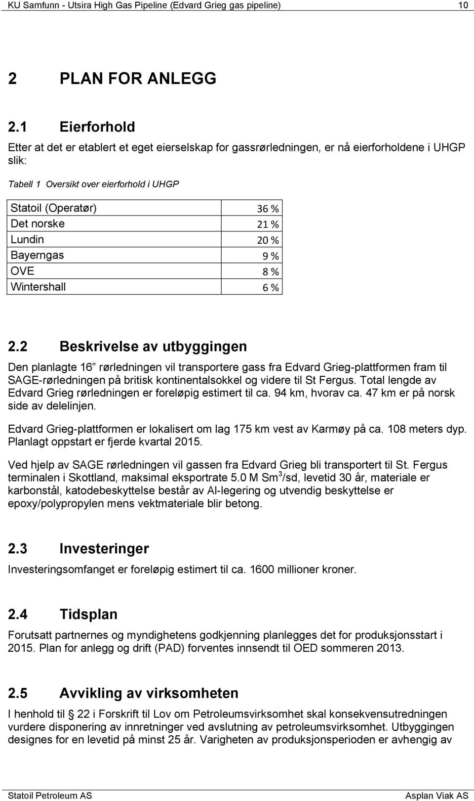 Lundin 20 % Bayerngas 9 % OVE 8 % Wintershall 6 % 2.