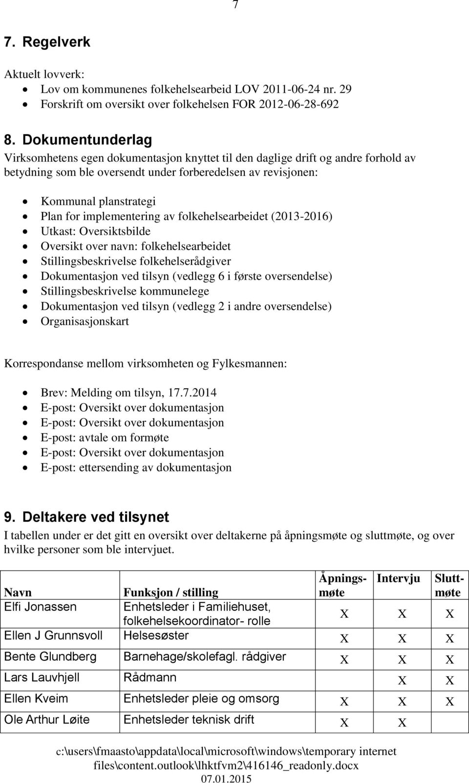 implementering av folkehelsearbeidet (2013-2016) Utkast: Oversiktsbilde Oversikt over navn: folkehelsearbeidet Stillingsbeskrivelse folkehelserådgiver Dokumentasjon ved tilsyn (vedlegg 6 i første