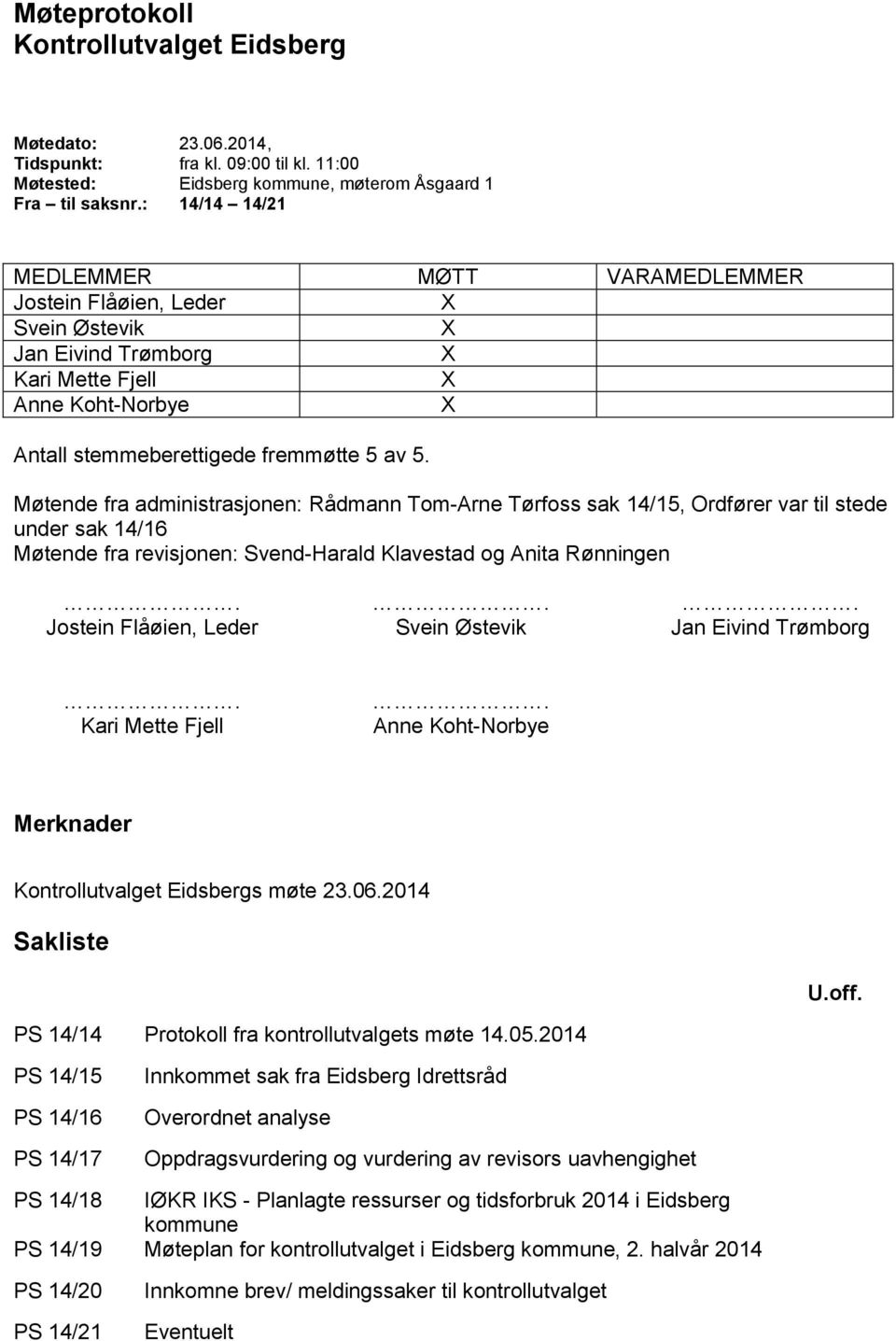 Møtende fra administrasjonen: Rådmann Tom-Arne Tørfoss sak 14/15, Ordfører var til stede under sak 14/16 Møtende fra revisjonen: Svend-Harald Klavestad og Anita Rønningen.