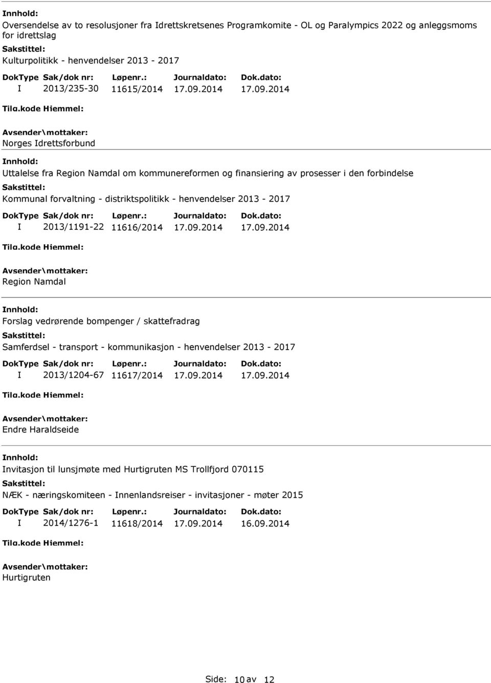 2013/1191-22 11616/2014 Region Namdal Forslag vedrørende bompenger / skattefradrag Samferdsel - transport - kommunikasjon - henvendelser 2013-2017 2013/1204-67 11617/2014 Endre