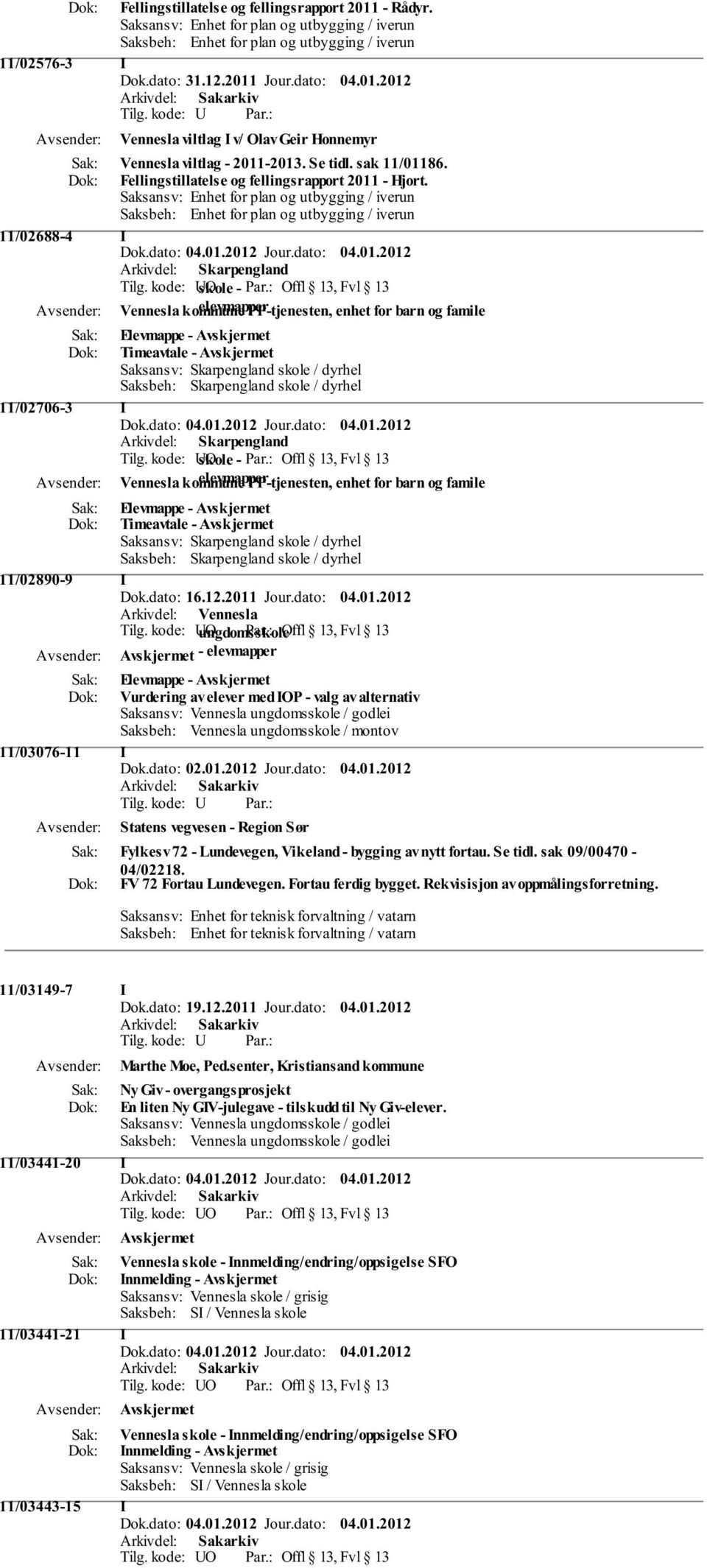 kode: UO skole - Offl 13, Fvl 13 Vennesla kommune elevmapper PP-tjenesten, enhet for barn og famile Timeavtale - Avskjermet 11/02706-3 I Tilg.