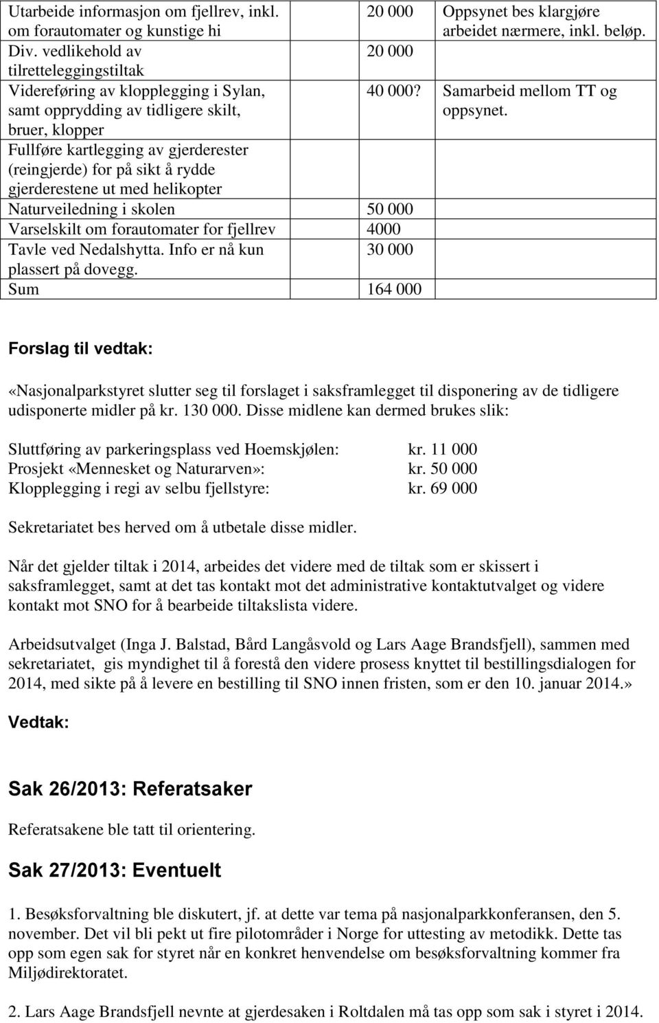 gjerderestene ut med helikopter Naturveiledning i skolen 50 000 Varselskilt om forautomater for fjellrev 4000 Tavle ved Nedalshytta. Info er nå kun 30 000 plassert på dovegg.