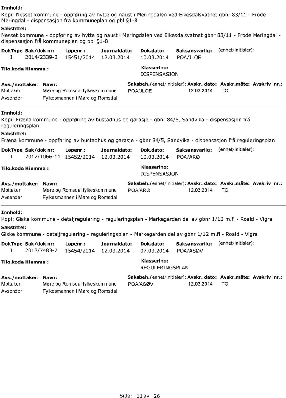 POA/JLOE TO Fylkesmannen i Møre og Romsdal Kopi: Fræna kommune - oppføring av bustadhus og garasje - gbnr 84/5, Sandvika - dispensasjon frå reguleringsplan Fræna kommune - oppføring av bustadhus og