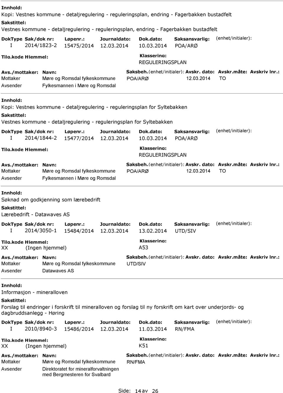 kommune - detaljregulering - reguleringsplan for Syltebakken 2014/1844-2 15477/2014 POA/ARØ REGLERNGSPLAN Mottaker Møre og Romsdal fylkeskommune POA/ARØ TO Fylkesmannen i Møre og Romsdal Søknad om