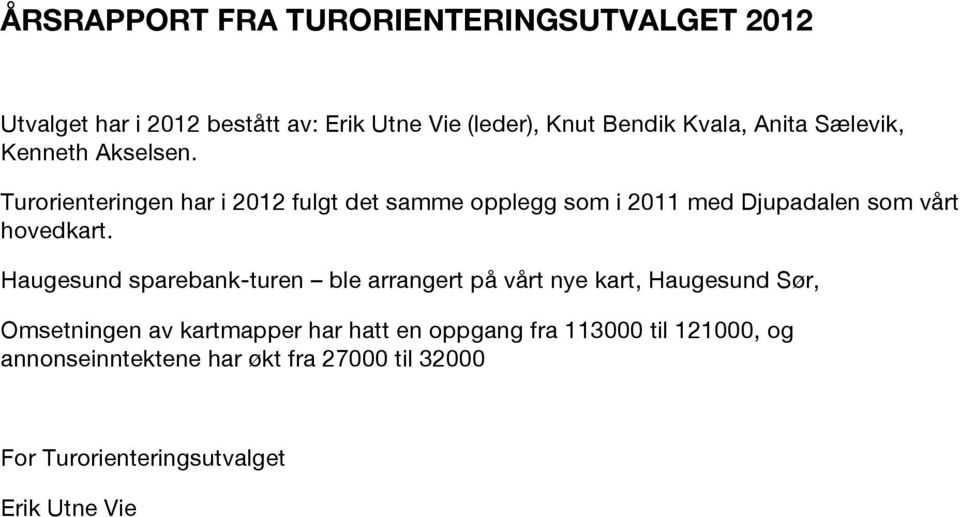 Turorienteringen har i 2012 fulgt det samme opplegg som i 2011 med Djupadalen som vårt hovedkart.