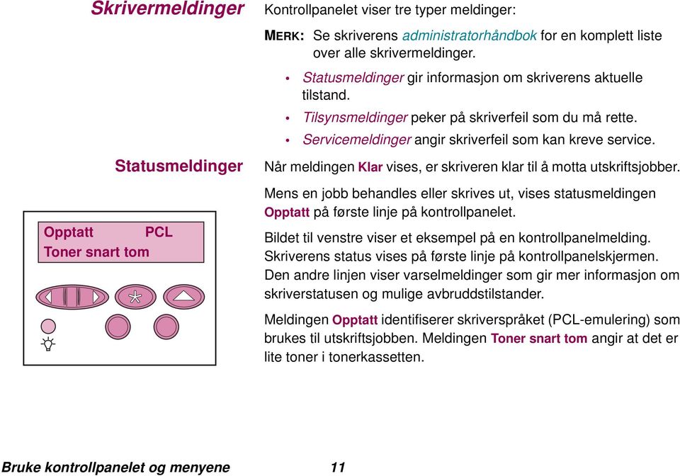 Statusmeldinger Opptatt PCL Toner snart tom Når meldingen Klar vises, er skriveren klar til å motta utskriftsjobber.