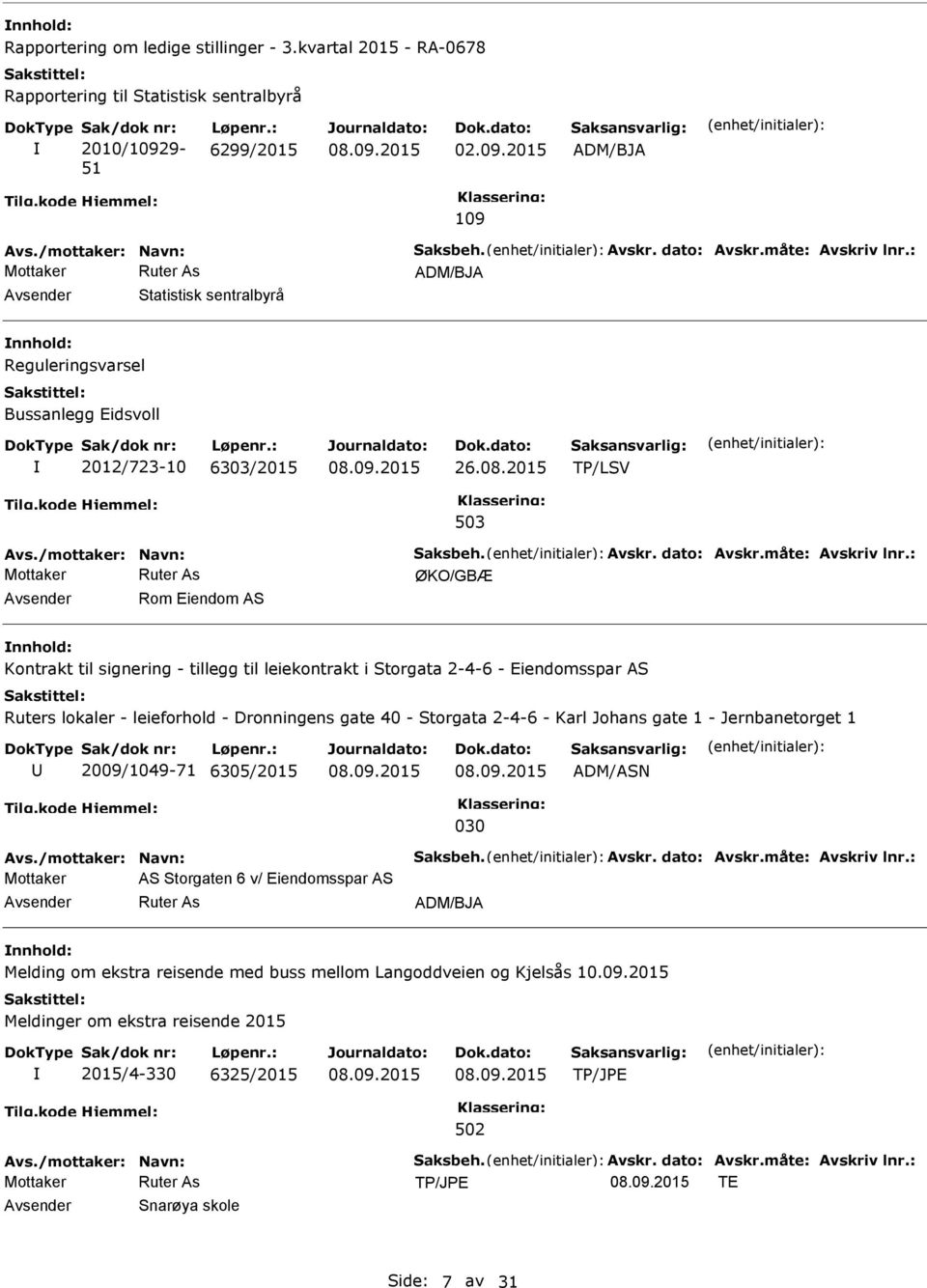 : ADM/BJA Statistisk sentralbyrå Reguleringsvarsel Bussanlegg Eidsvoll 2012/723-10 6303/2015 26.08.2015 TP/LSV 503 Avs./mottaker: Navn: Saksbeh. Avskr. dato: Avskr.