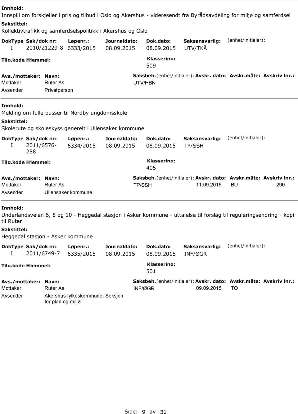 : TV/HBN Privatperson Melding om fulle busser til Nordby ungdomsskole Skolerute og skoleskyss generelt i llensaker kommune 2011/6576-288 6334/2015 TP/SSH 405 Avs./mottaker: Navn: Saksbeh. Avskr.