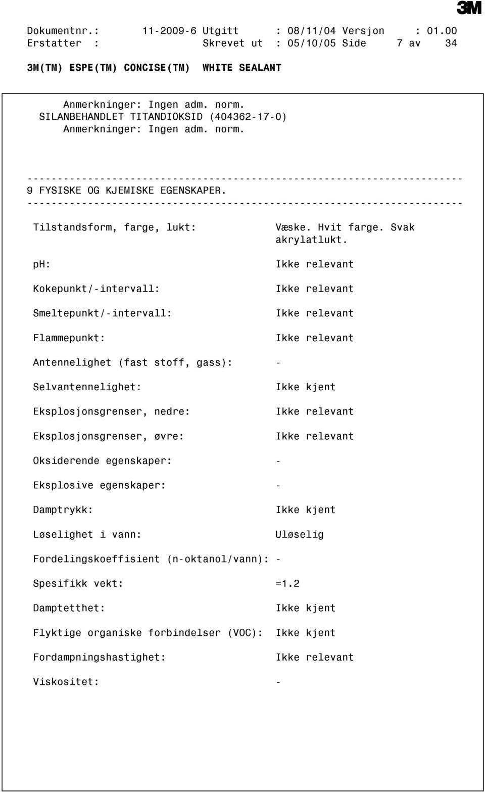 Tilstandsform, farge, lukt: ph: Kokepunkt/intervall: Smeltepunkt/intervall: Flammepunkt: Væske. Hvit farge. Svak akrylatlukt.