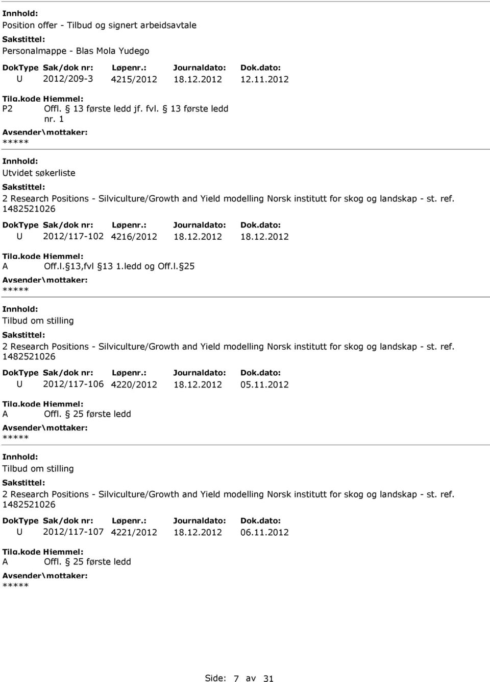 ledd og Off.l. 25 Tilbud om stilling 2 Research Positions - Silviculture/Growth and Yield modelling Norsk institutt for skog og landskap - st. ref. 1482521026 A 2012/117-106 4220/2012 Offl.