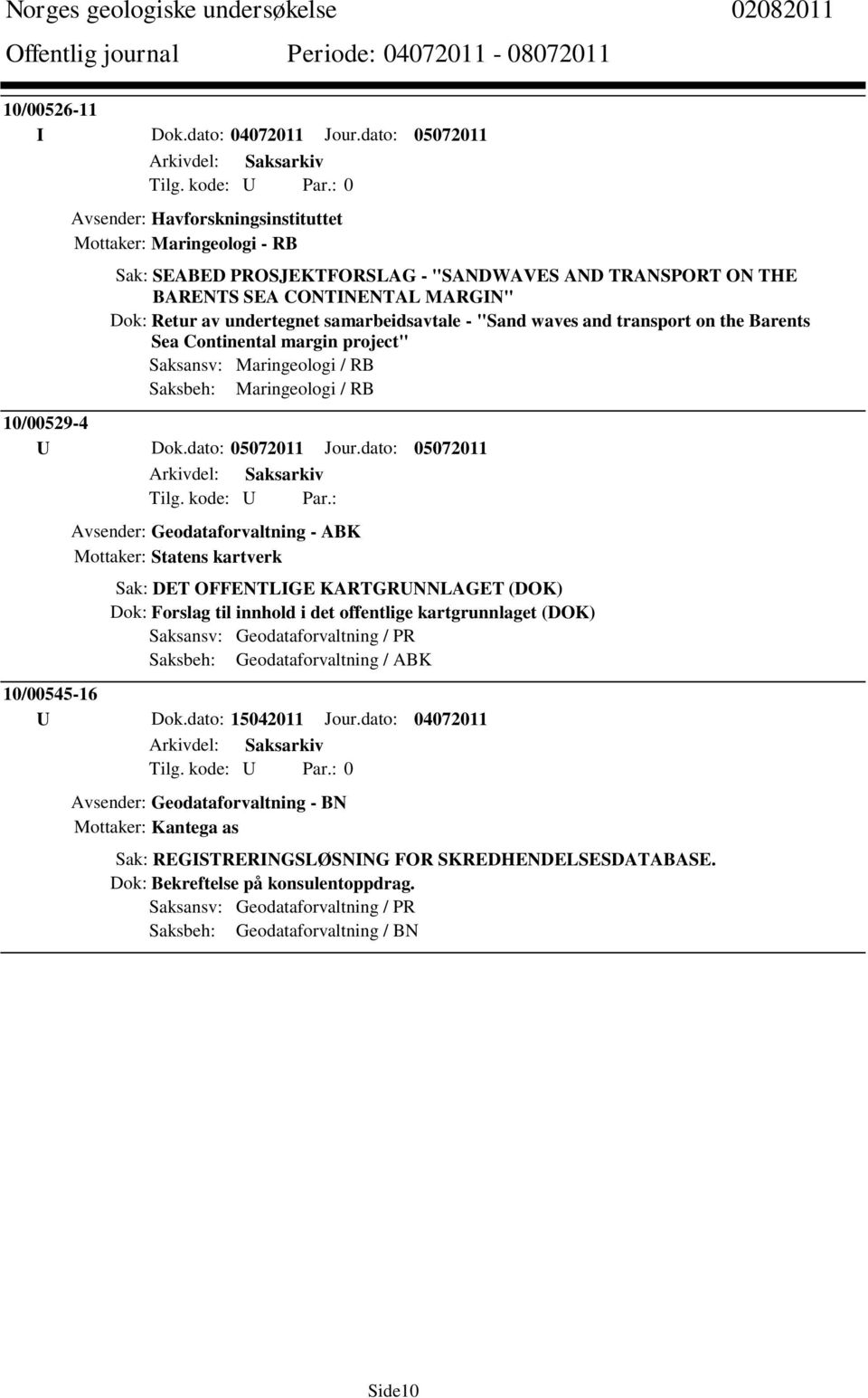 samarbeidsavtale - "Sand waves and transport on the Barents Sea Continental margin project" Saksansv: Maringeologi / RB Saksbeh: Maringeologi / RB 10/00529-4 U Dok.dato: 05072011 Jour.