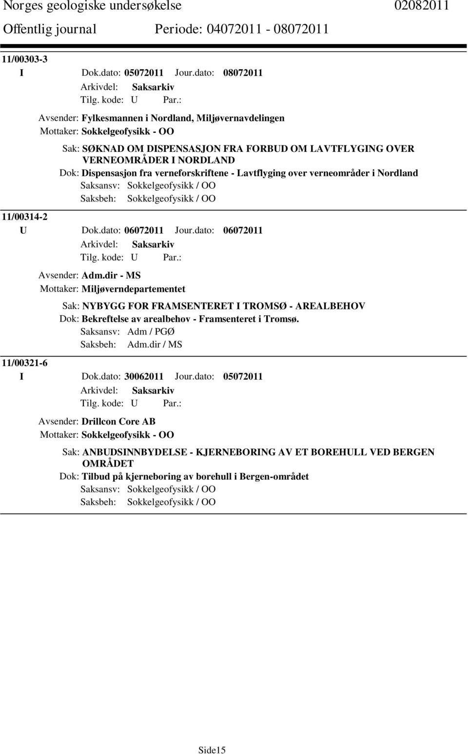 Dispensasjon fra verneforskriftene - Lavtflyging over verneområder i Nordland Saksansv: Sokkelgeofysikk / OO Saksbeh: Sokkelgeofysikk / OO 11/00314-2 U Dok.dato: 06072011 Jour.