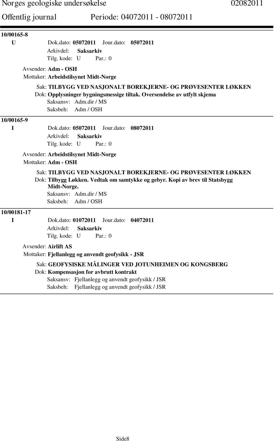 Oversendelse av utfylt skjema Saksansv: Adm.dir / MS Saksbeh: Adm / OSH 10/00165-9 I Dok.dato: 05072011 Jour.