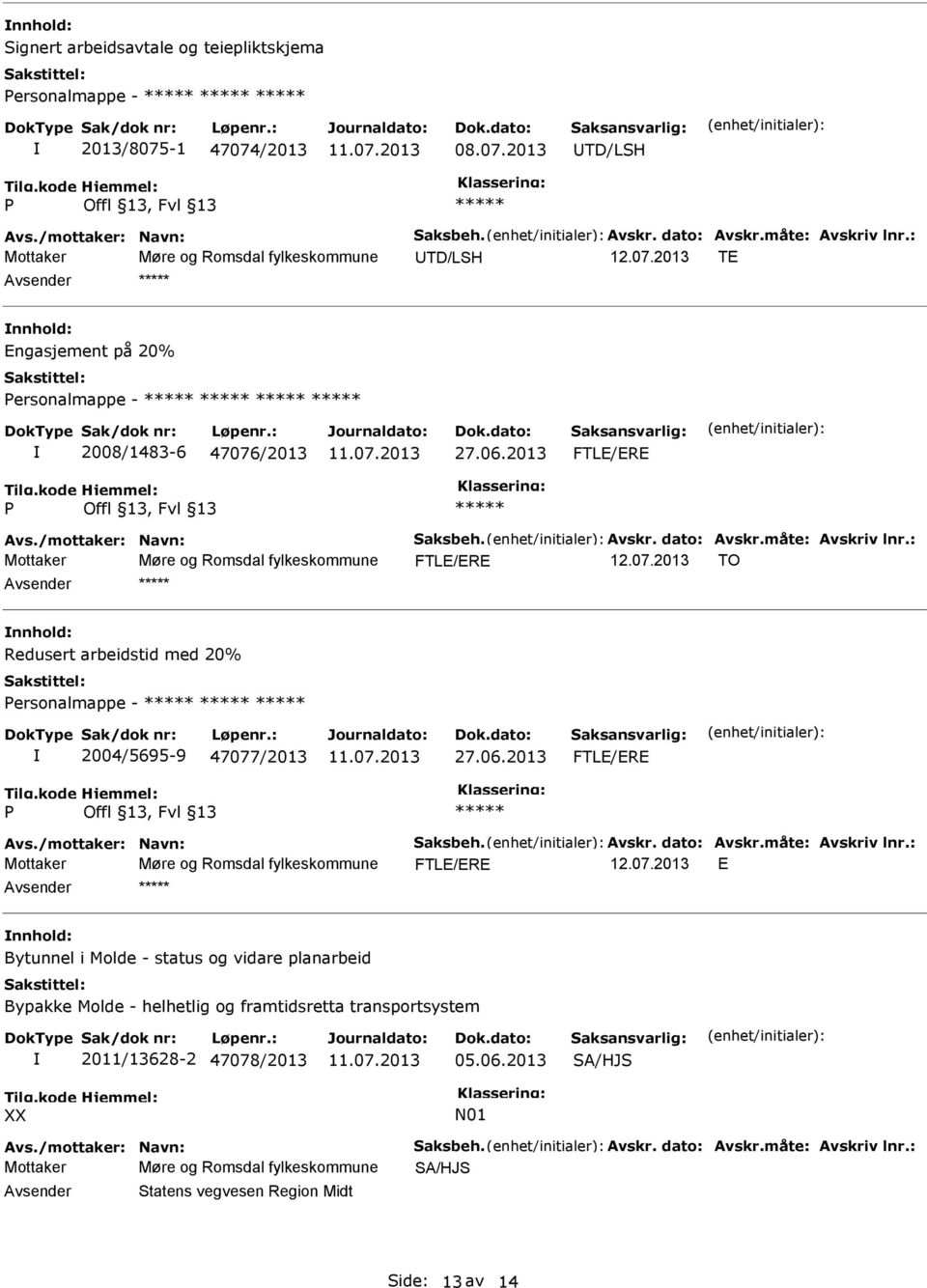 måte: Avskriv lnr.: Mottaker Møre og Romsdal fylkeskommune FTLE/ERE 12.07.2013 TO nnhold: Redusert arbeidstid med 20% ersonalmappe - 2004/5695-9 47077/2013 27.06.2013 FTLE/ERE Avs.