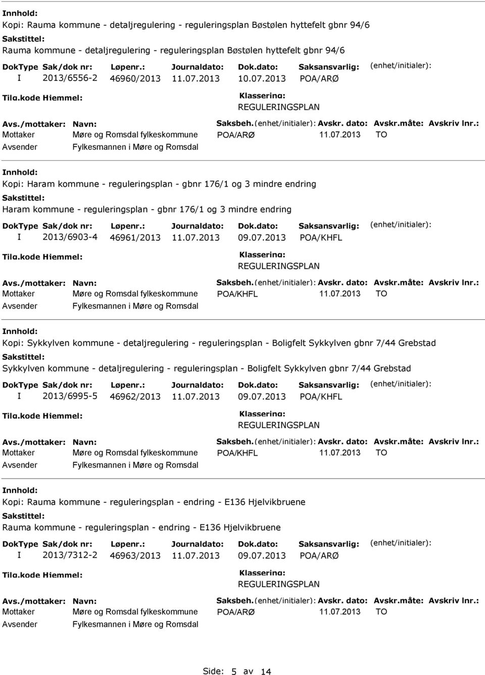 : Mottaker Møre og Romsdal fylkeskommune OA/ARØ TO nnhold: Kopi: Haram kommune - reguleringsplan - gbnr 176/1 og 3 mindre endring Haram kommune - reguleringsplan - gbnr 176/1 og 3 mindre endring