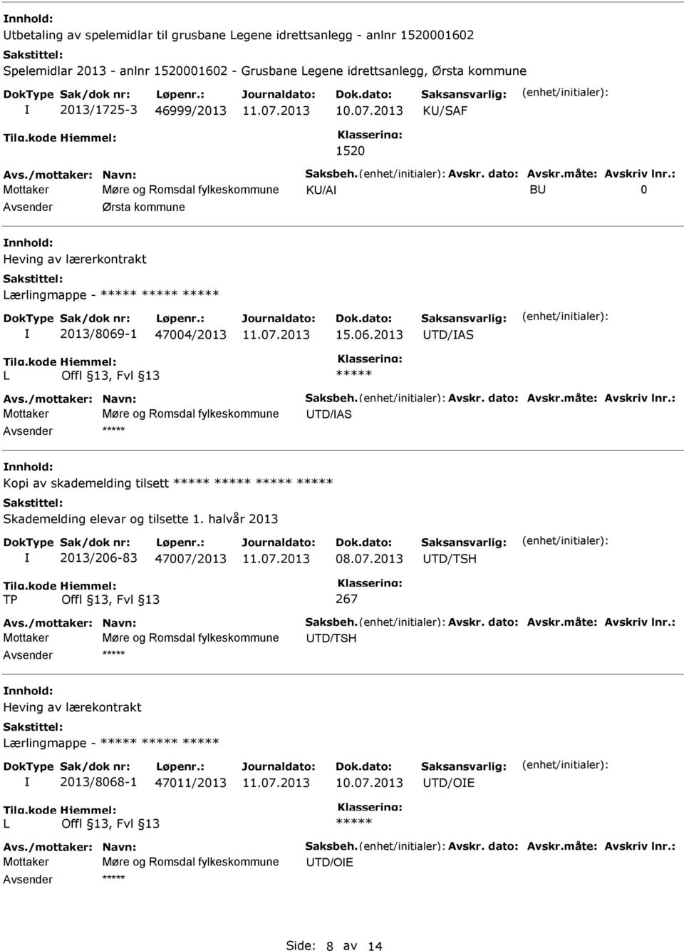 : Mottaker Møre og Romsdal fylkeskommune KU/A BU 0 Avsender Ørsta kommune nnhold: Heving av lærerkontrakt Lærlingmappe - 2013/8069-1 47004/2013 15.06.2013 UTD/AS L Avs./mottaker: Navn: Saksbeh. Avskr.