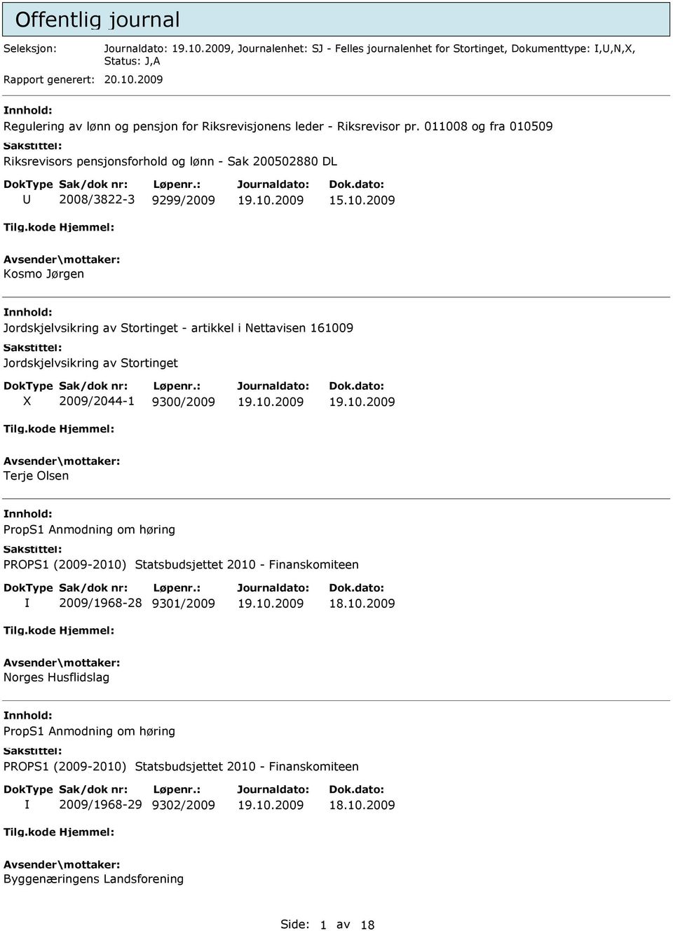 011008 og fra 010509 Riksrevisors pensjonsforhold og lønn - Sak 200502880 DL 2008/3822-3 9299/2009 15.10.2009 Kosmo Jørgen nnhold: Jordskjelvsikring av