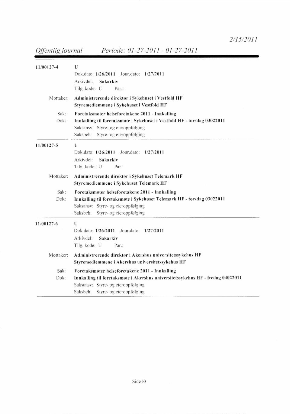 i Sykehuset Telemark HF - torsdag 03022011 Styre- o,(2, eieroppfølging Styre- og eieroppfølging 11/00127-6 Ti12. kode: U Par.