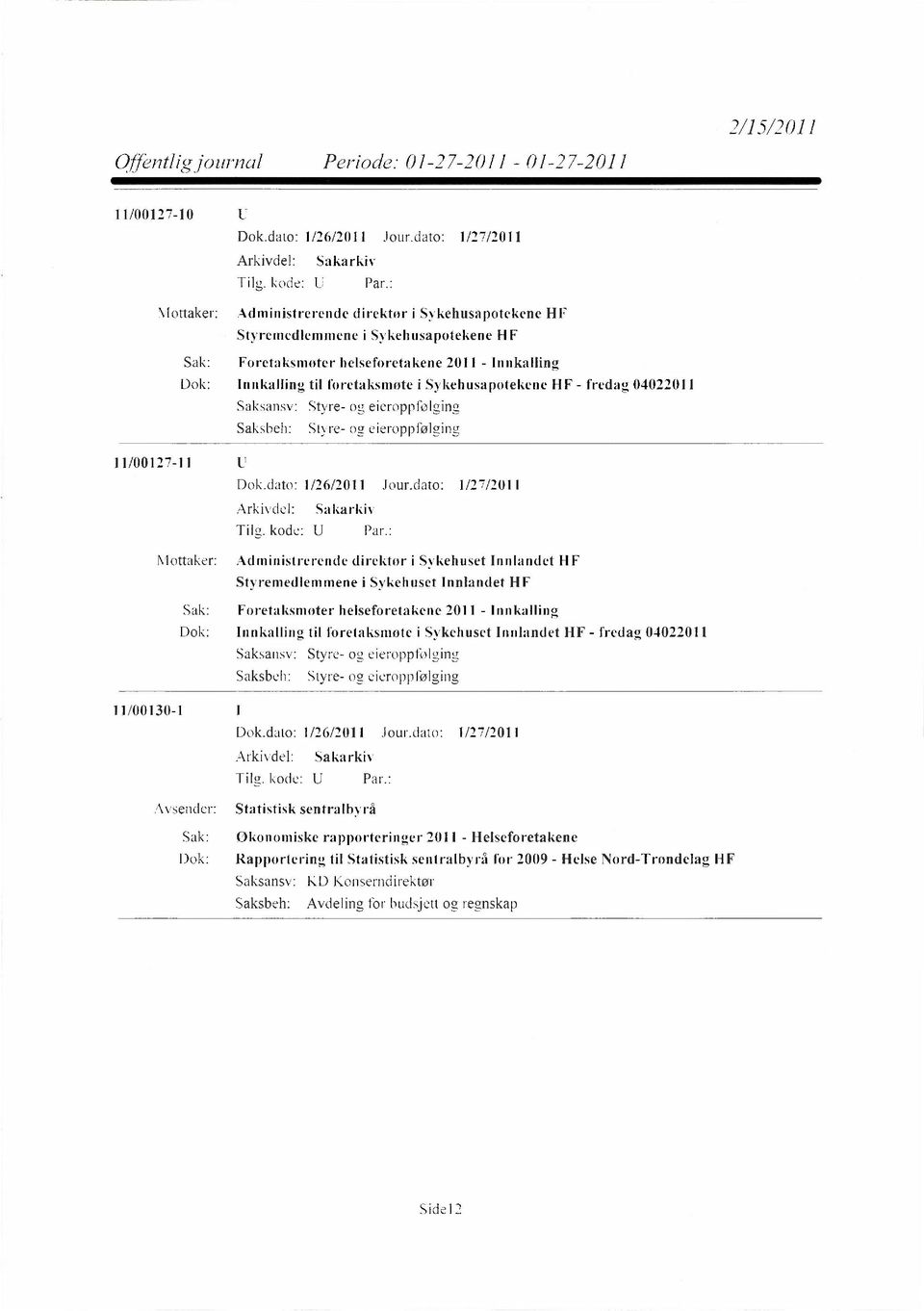 til foretaksmøte i Sykehuset Innlandet HF - fredag 04022011 Styre- og eieroppfølging Styre- og, eieroppfølging 11/00130-1 Tilg. kode: UPar.