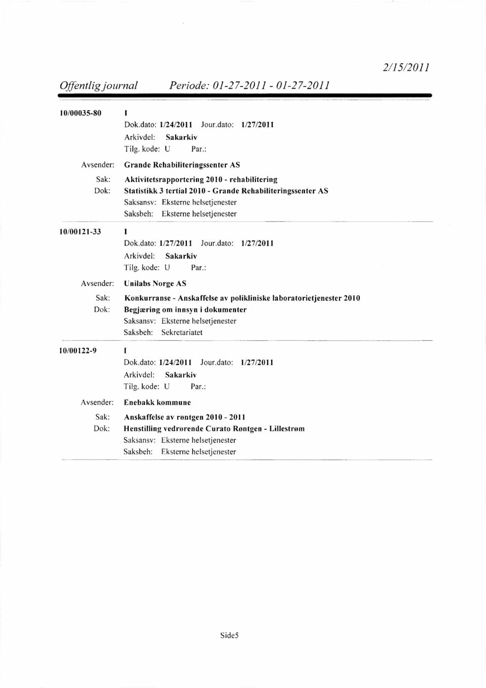 Rehabiliteringssenter AS Eksterne helsetjenester Eksterne helsetjenester 10/00121-33 Avsender: Unilabs Norge AS Sak: Konkurranse - Anskaffelse av polikliniske