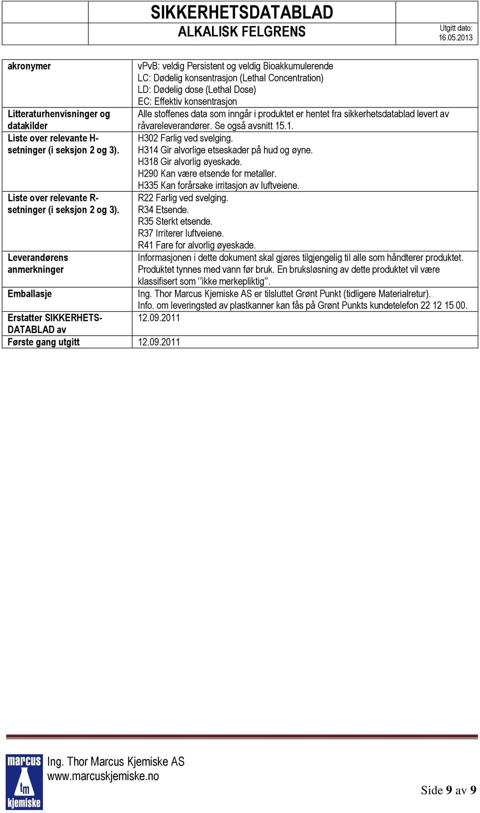 2011 vpvb: veldig Persistent og veldig Bioakkumulerende LC: Dødelig konsentrasjon (Lethal Concentration) LD: Dødelig dose (Lethal Dose) EC: Effektiv konsentrasjon Alle stoffenes data som inngår i