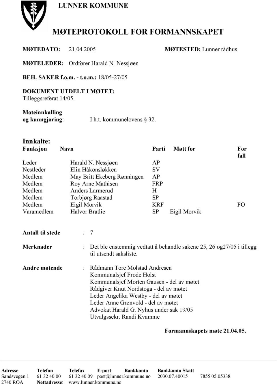 Nessjøen AP Nestleder Elin Håkonsløkken SV Medlem May Britt Ekeberg Rønningen AP Medlem Roy Arne Mathisen FRP Medlem Anders Larmerud H Medlem Torbjørg Raastad SP Medlem Eigil Morvik KRF FO Varamedlem