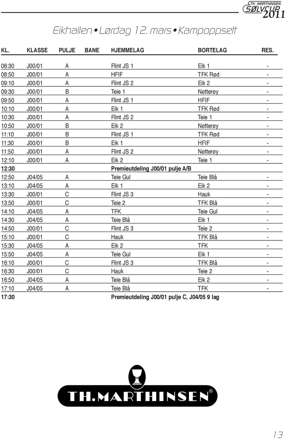 J00/01 A Flint JS 2 Teie 1-10:50 J00/01 B Eik 2 Nøtterøy - :10 J00/01 B Flint JS 1 TFK Rød - :30 J00/01 B Eik 1 HFIF - :50 J00/01 A Flint JS 2 Nøtterøy - 12:10 J00/01 A Eik 2 Teie 1-12:30