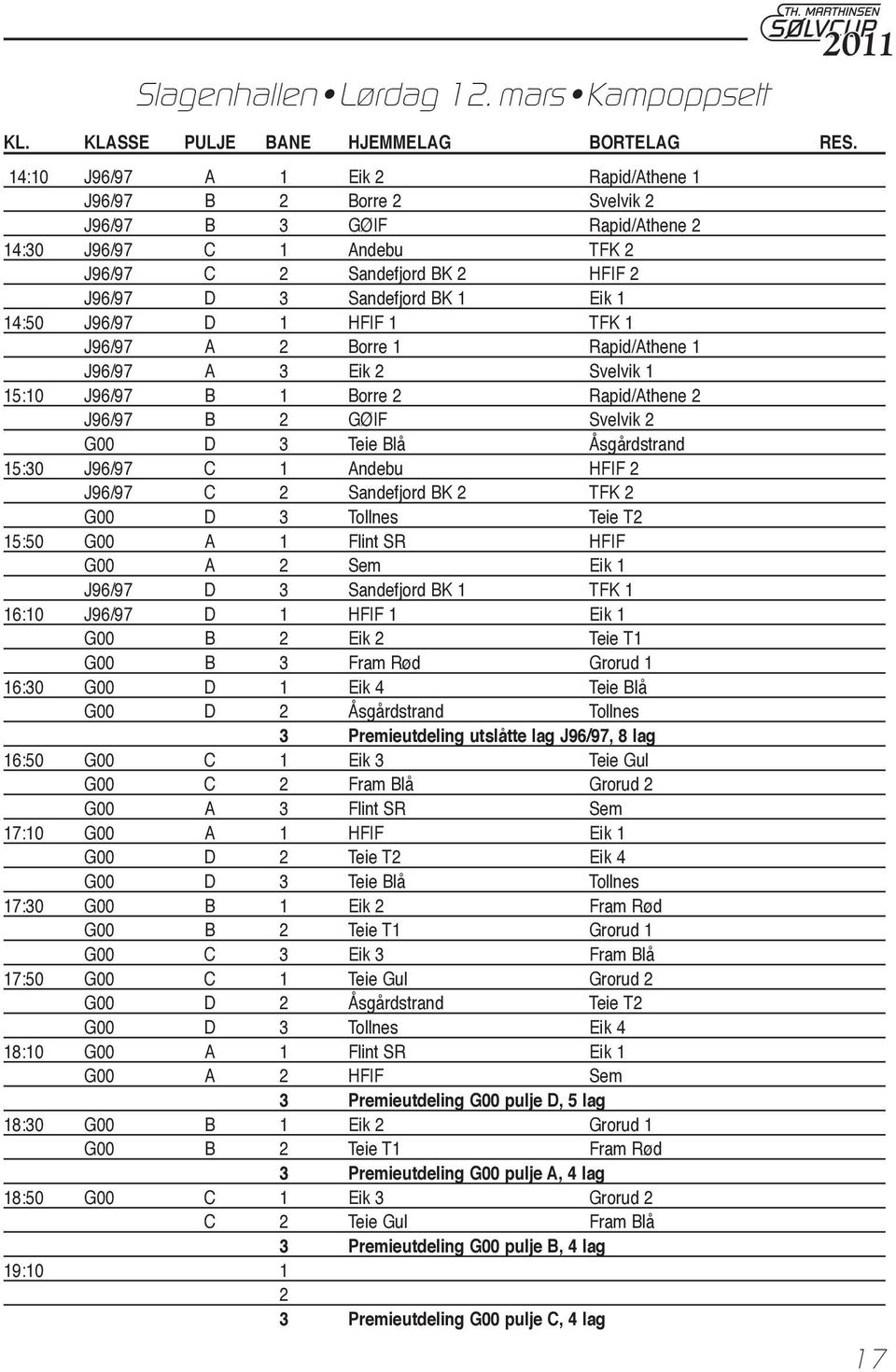 14:50 J96/97 D 1 HFIF 1 TFK 1 J96/97 A 2 Borre 1 Rapid/Athene 1 J96/97 A 3 Eik 2 Svelvik 1 15:10 J96/97 B 1 Borre 2 Rapid/Athene 2 J96/97 B 2 GØIF Svelvik 2 G00 D 3 Teie Blå Åsgårdstrand 15:30 J96/97