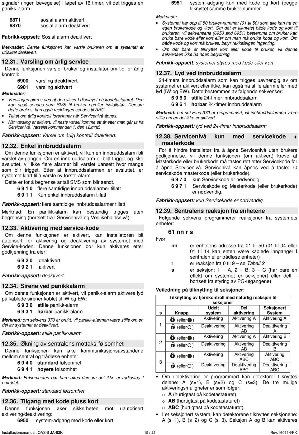 Varsling om årlig service Denne funksjonen varsler bruker og installatør om tid for årlig kontroll: 6900 varsling deaktivert 6901 varsling aktivert Varslingen gjøres ved at den vises I displayet på