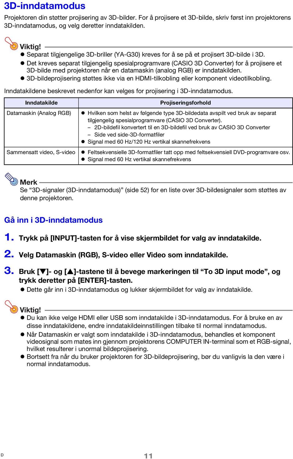 et kreves separat tilgjengelig spesialprogramvare (CASIO 3 Converter) for å projisere et 3-bilde med projektoren når en datamaskin (analog RGB) er inndatakilden.