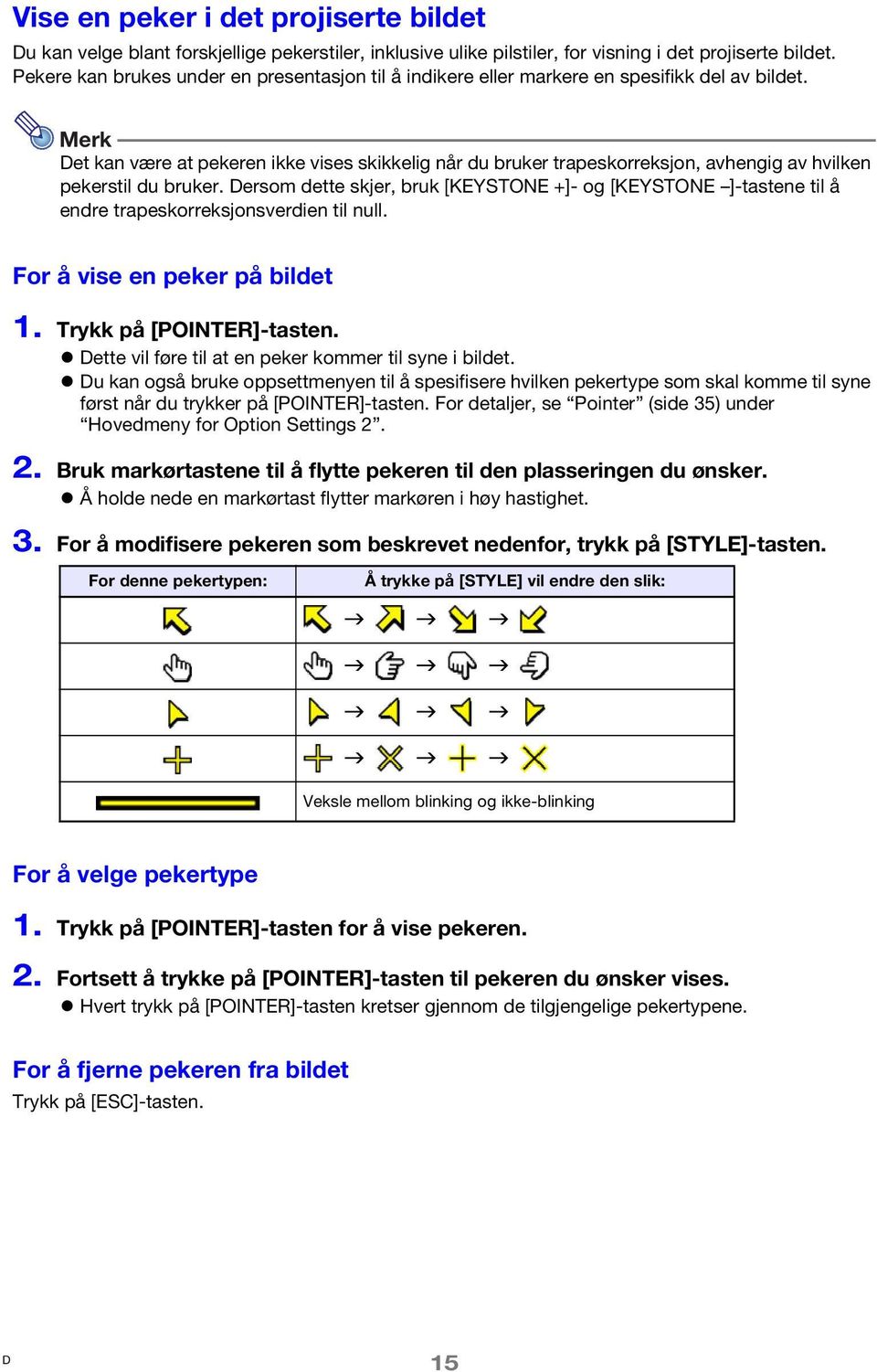 Merk et kan være at pekeren ikke vises skikkelig når du bruker trapeskorreksjon, avhengig av hvilken pekerstil du bruker.