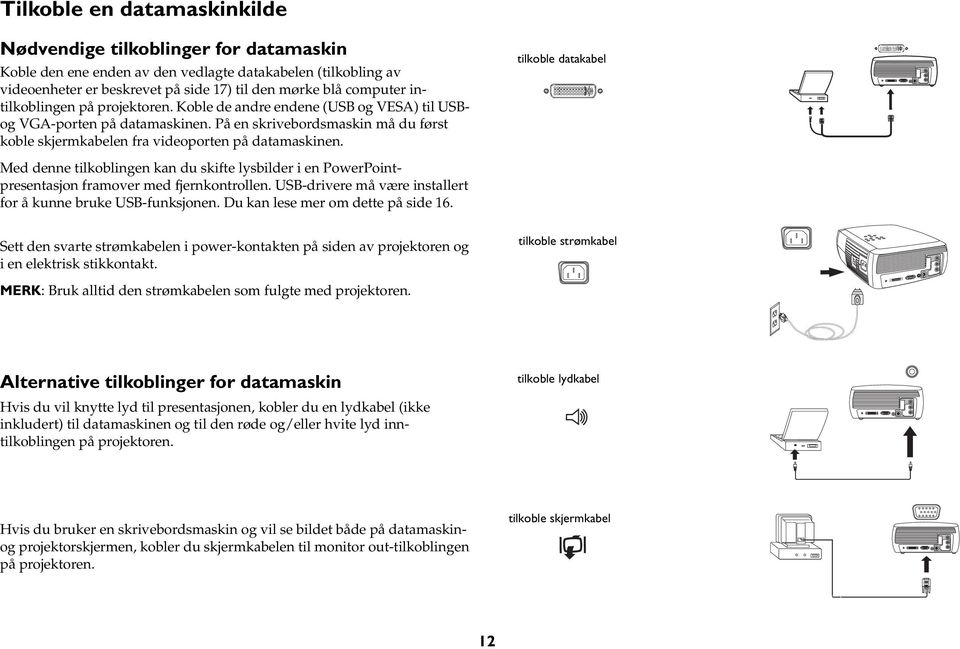 tilkoble datakabel Med denne tilkoblingen kan du skifte lysbilder i en PowerPointpresentasjon framover med fjernkontrollen. USB-drivere må være installert for å kunne bruke USB-funksjonen.