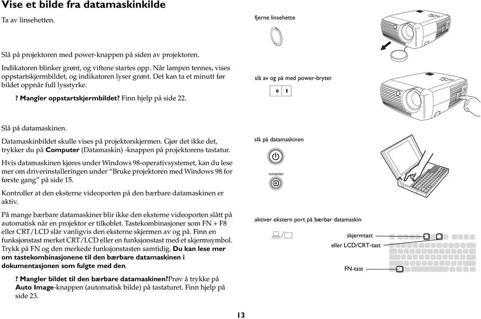 Finn hjelp på side 22. Slå på datamaskinen. Datamaskinbildet skulle vises på projektorskjermen. Gjør det ikke det, trykker du på Computer (Datamaskin) -knappen på projektorens tastatur.