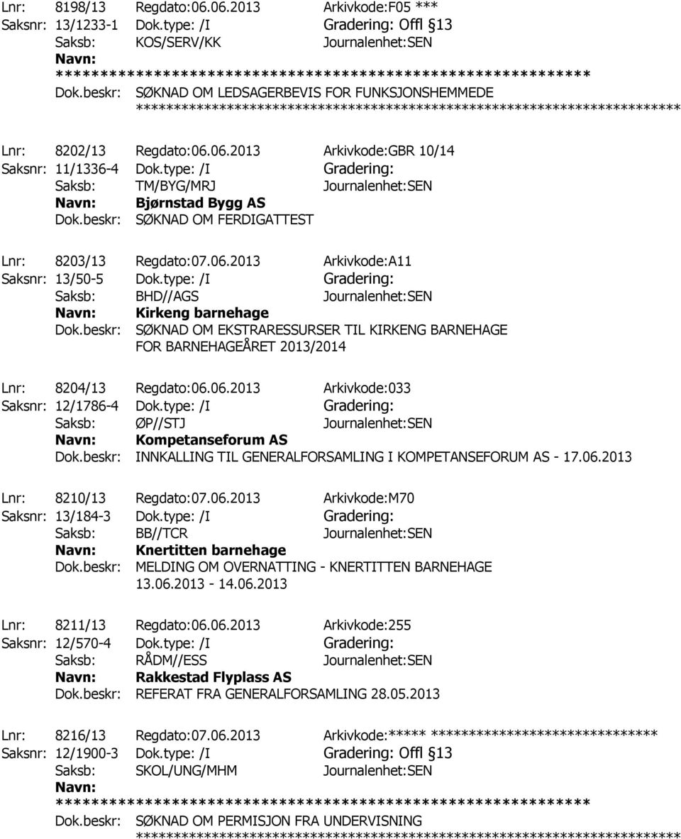 beskr: SØKNAD OM FERDIGATTEST Lnr: 8203/13 Regdato:07.06.2013 Arkivkode:A11 Saksnr: 13/50-5 Dok.type: /I Gradering: Saksb: BHD//AGS Journalenhet:SEN Kirkeng barnehage Dok.