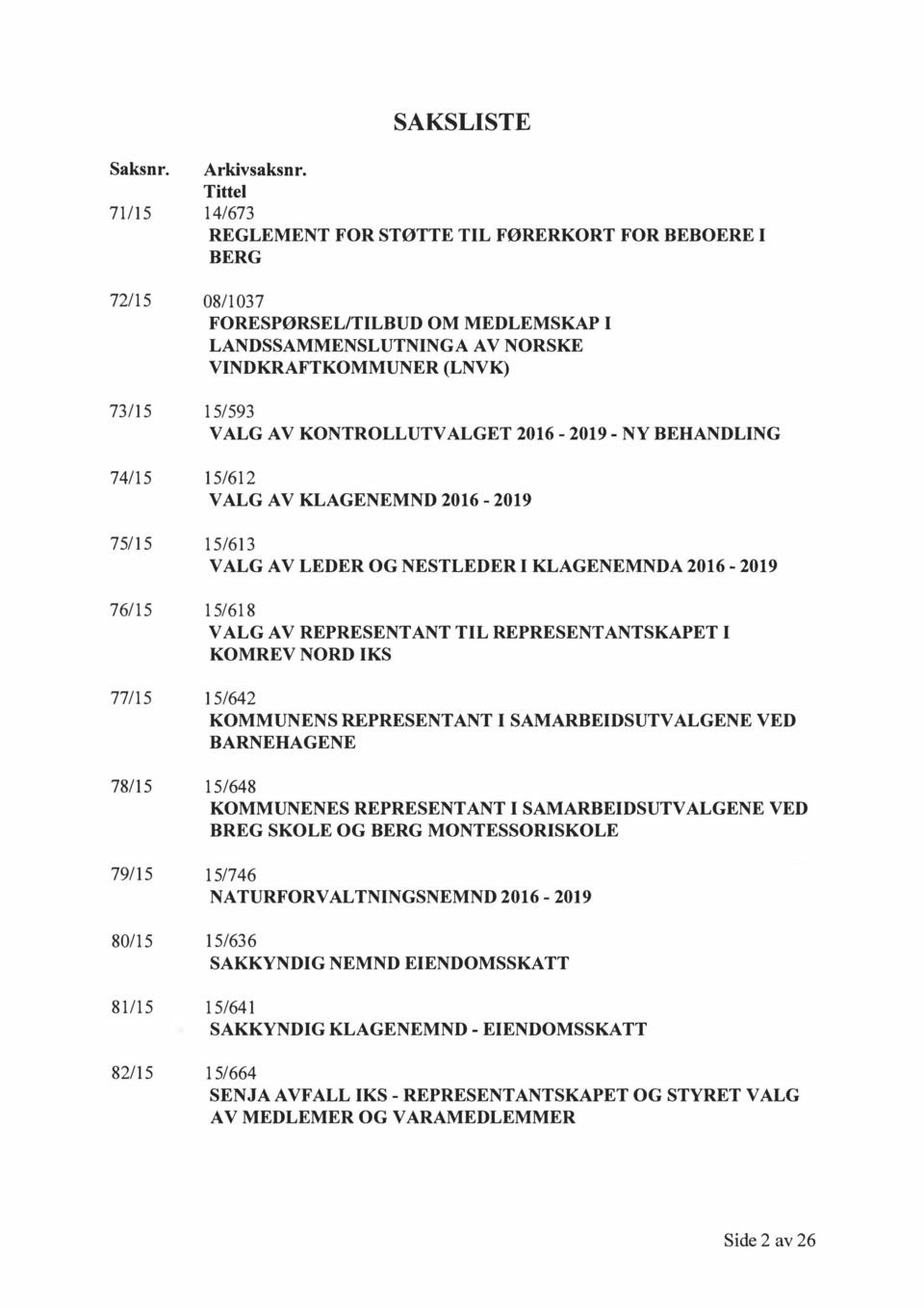 A V KONTROLLUTVALGET 2016-2019 -NY BEHANDLING 74/15 15/612 VALG A V KLAGENEMND 2016-2019 75/15 15/613 VALG A V LEDER OG NESTLEDER I KLAGENEMNDA 2016-2019 76115 15/618 VALG A V REPRESENTANT TIL