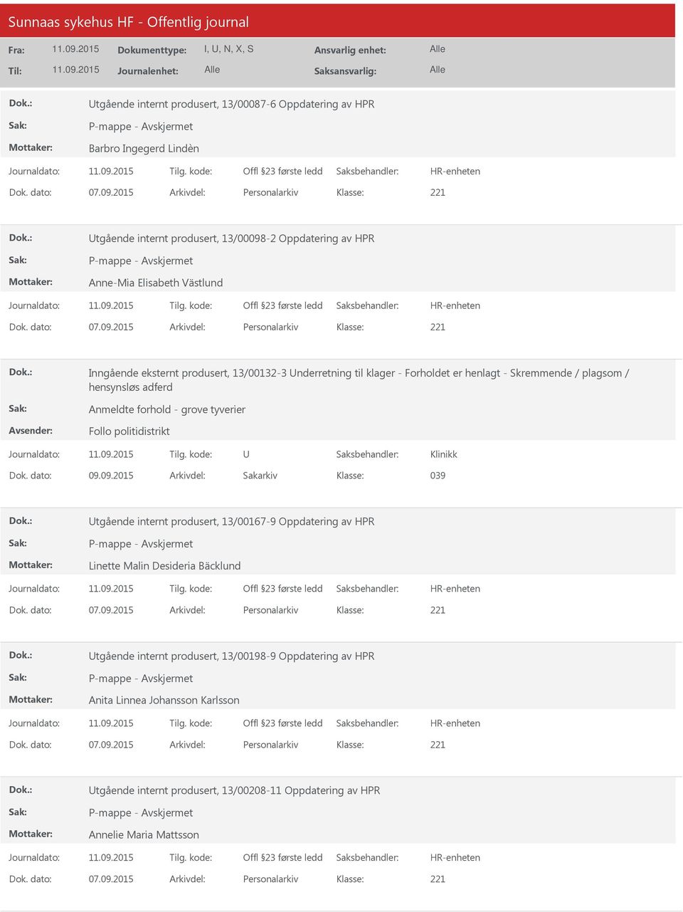 forhold - grove tyverier Follo politidistrikt Klinikk 039 tgående internt produsert, 13/00167-9 Oppdatering av HPR Linette Malin Desideria Bäcklund tgående