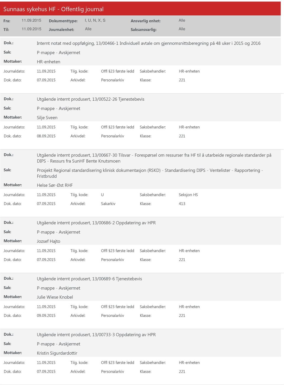 2015 Arkivdel: Personalarkiv tgående internt produsert, 13/00667-30 Tilsvar - Forespørsel om ressurser fra HF til å utarbeide regionale standarder på DIPS - Ressurs fra SunHF Bente Knutsmoen Prosjekt