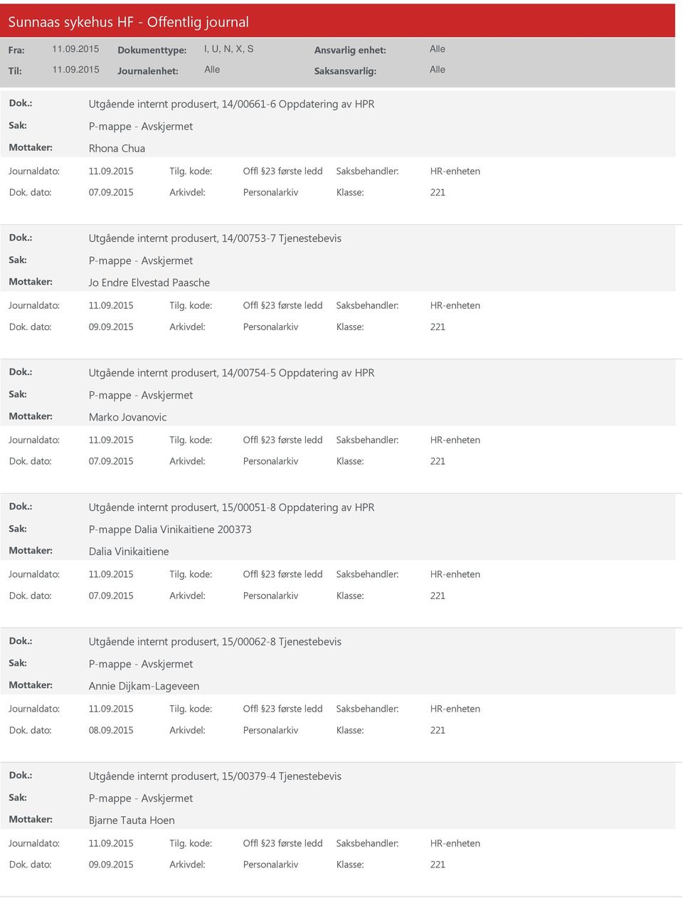 09.2015 Arkivdel: Personalarkiv tgående internt produsert, 14/00754-5 Oppdatering av HPR Marko Jovanovic tgående internt produsert, 15/00051-8 Oppdatering