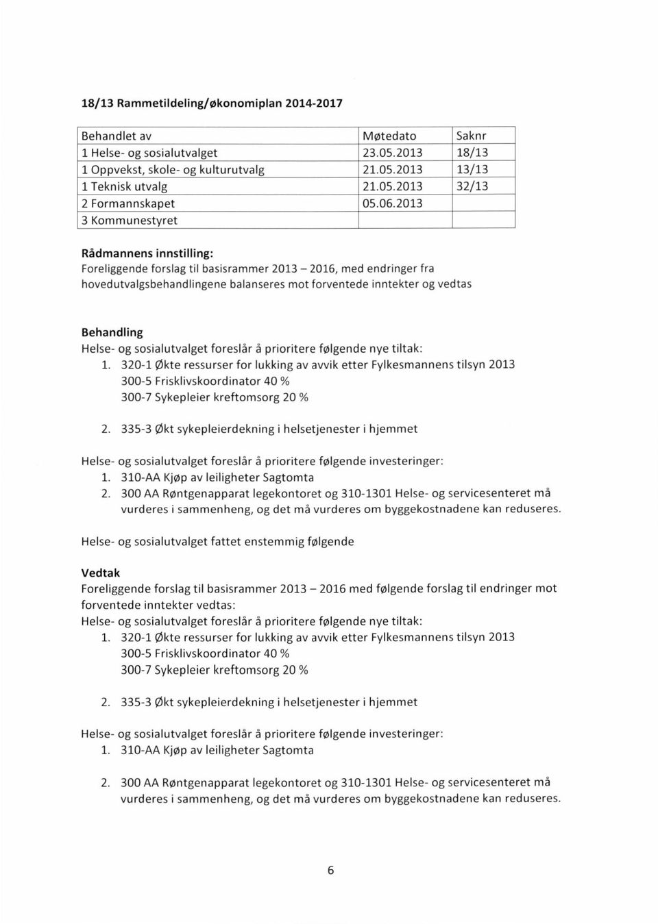 prioritere følgende nye tiltak: 320-1 Økte ressurser for lukking av avvik etter Fylkesmannens tilsyn 2013 300-5 Frisklivskoordinator 40 % 300-7 Sykepleier kreftomsorg 20 % 335-3 Økt sykepleierdekning