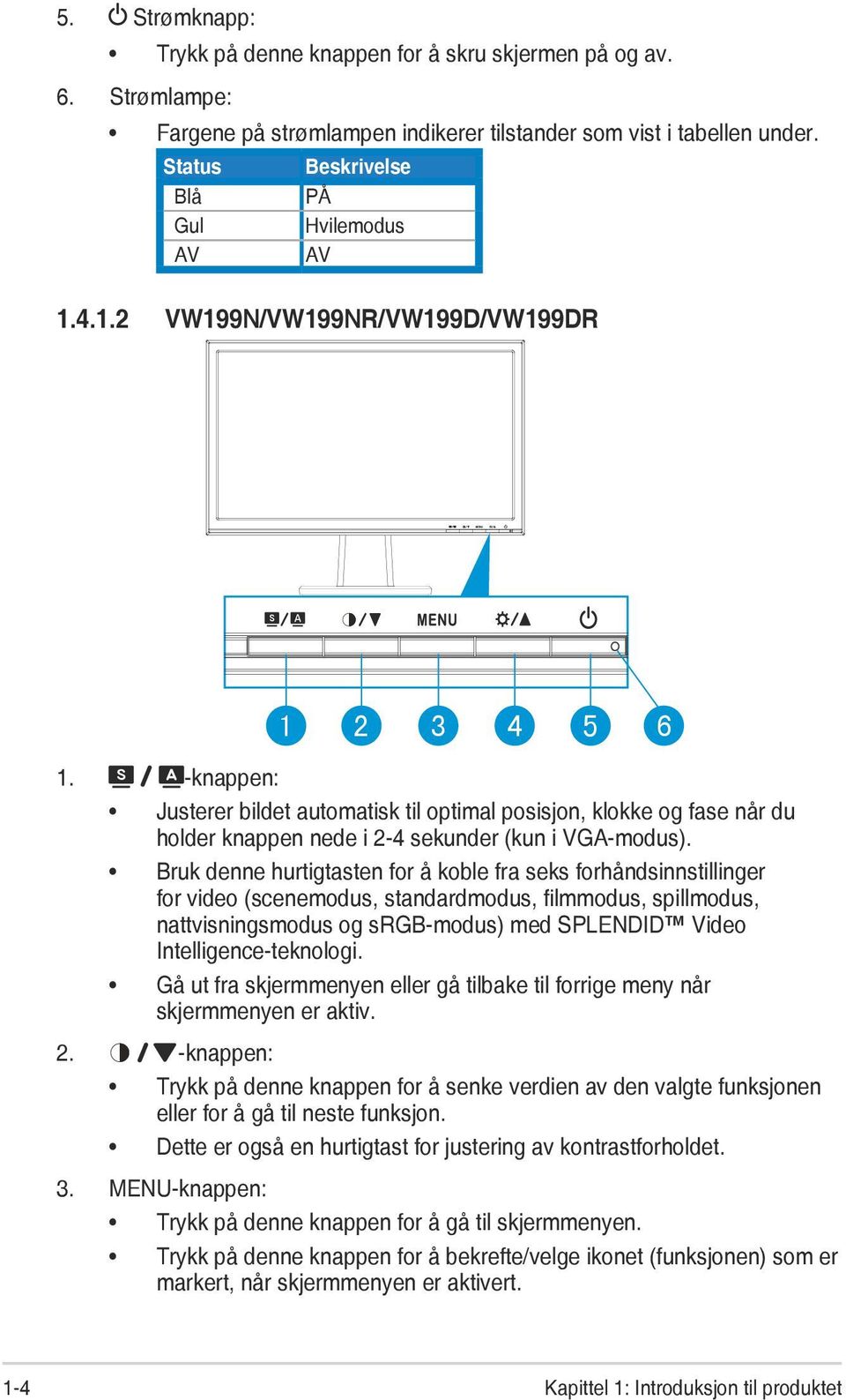 -knappen: Justerer bildet automatisk til optimal posisjon, klokke og fase når du holder knappen nede i 2-4 sekunder (kun i VGA-modus).