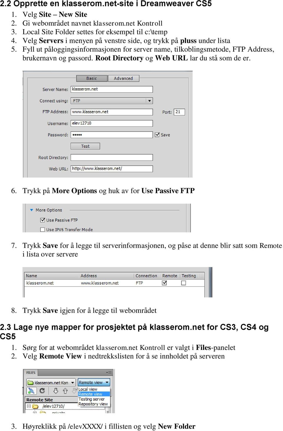 Root Directory og Web URL lar du stå som de er. 6. Trykk på More Options og huk av for Use Passive FTP 7.