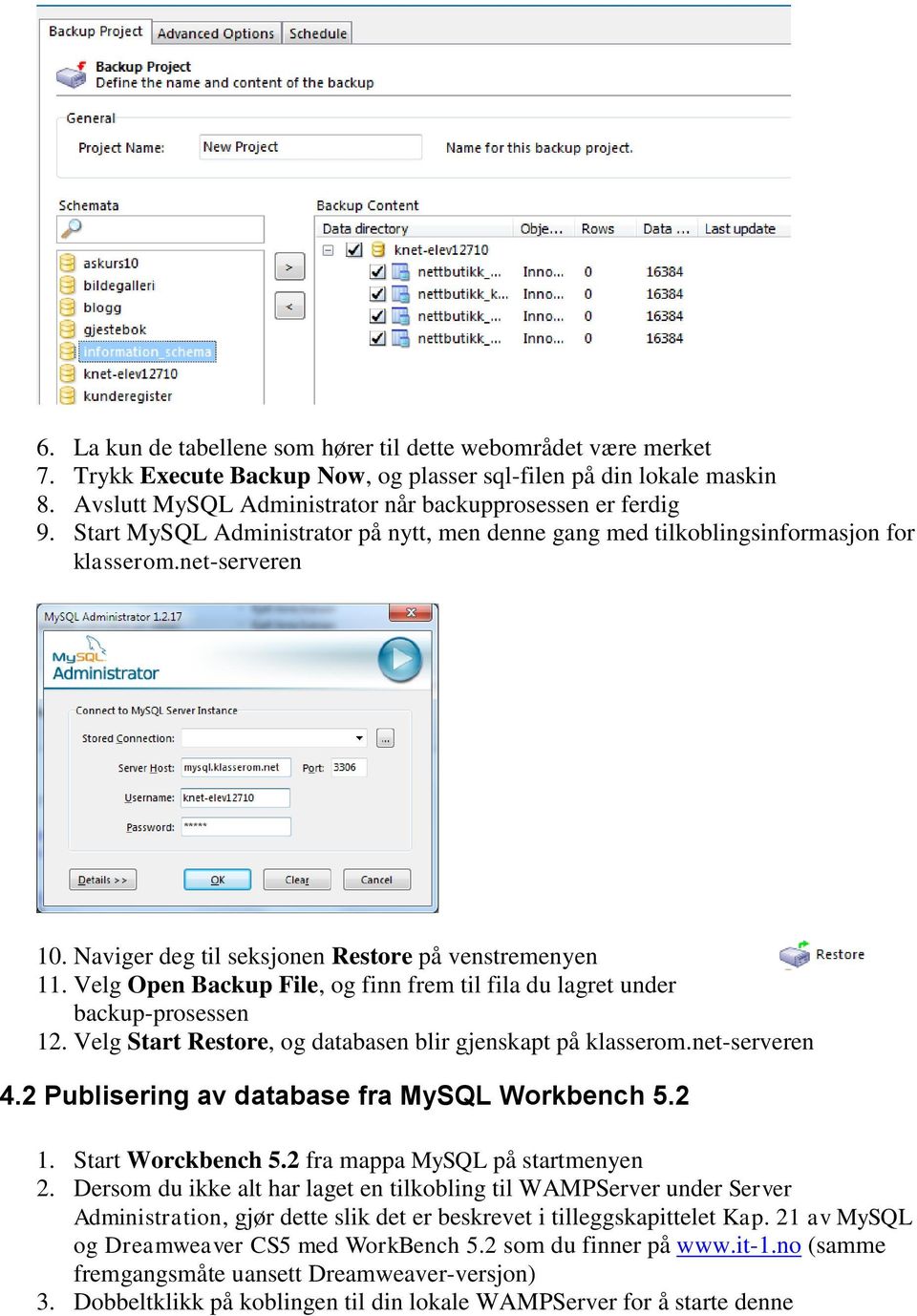 Velg Open Backup File, og finn frem til fila du lagret under backup-prosessen 12. Velg Start Restore, og databasen blir gjenskapt på klasserom.net-serveren 4.