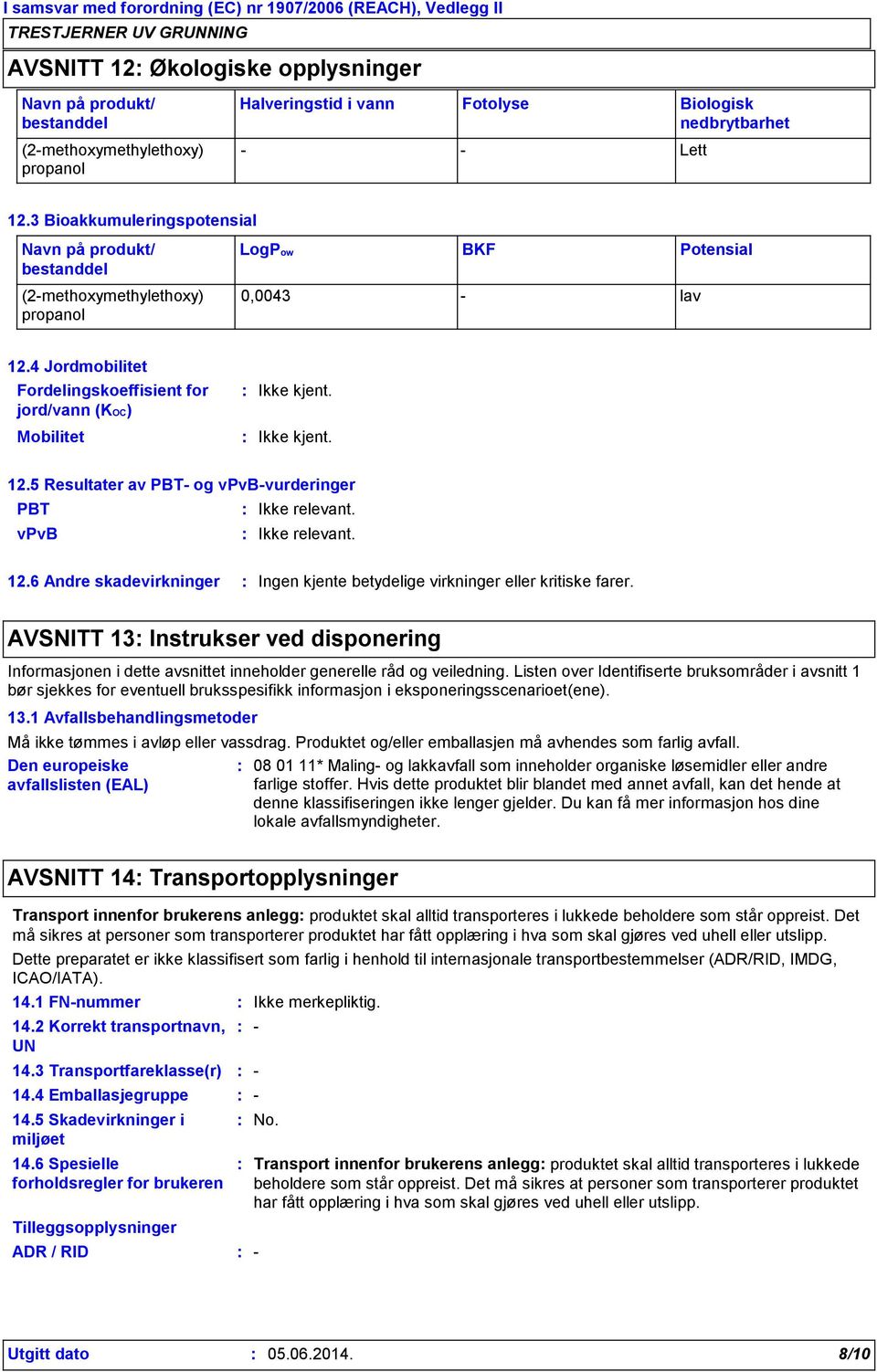 5 Resultater av PBT- og vpvb-vurderinger PBT vpvb 12.6 Andre skadevirkninger Ingen kjente betydelige virkninger eller kritiske farer.