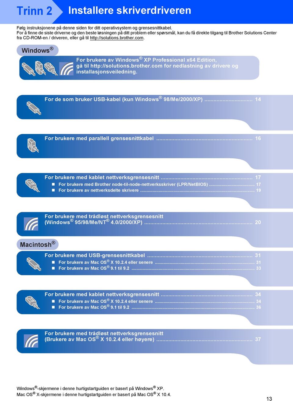brother.com. For brukere av XP Professional x64 Edition, gå til http://solutions.brother.com for nedlastning av drivere og installasjonsveiledning. For de som bruker USB-kabel (kun 98/Me/2000/XP).