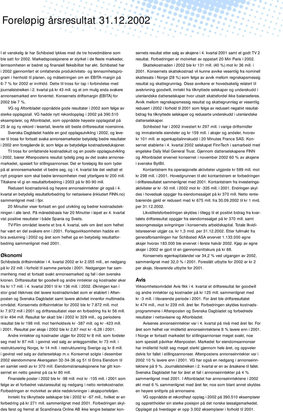 Schibsted har i 2002 gjennomført et omfattende produktivitets- og lønnsomhetsprogram i henhold til planen, og målsetningen om en EBITA-margin på 6-7 % for 2002 er innfridd.