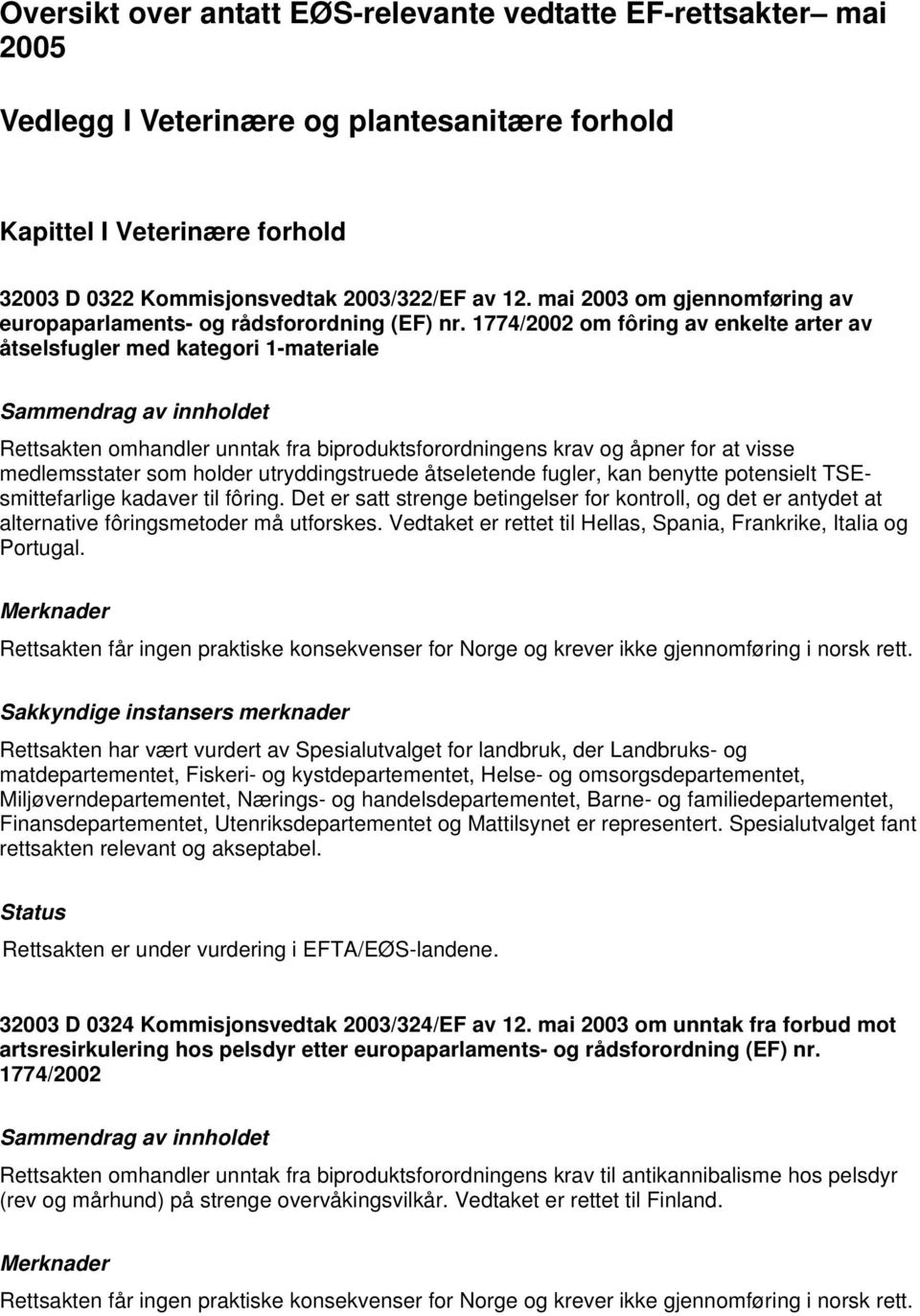 1774/2002 om fôring av enkelte arter av åtselsfugler med kategori 1-materiale Rettsakten omhandler unntak fra biproduktsforordningens krav og åpner for at visse medlemsstater som holder